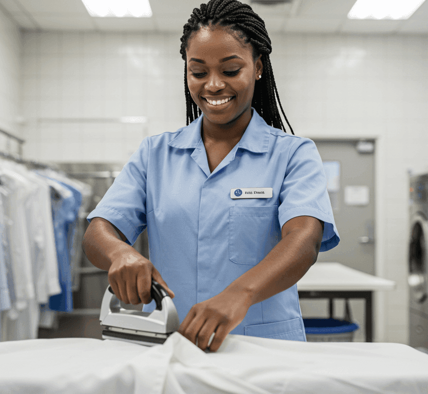 Laundry staff ironing customer fabric