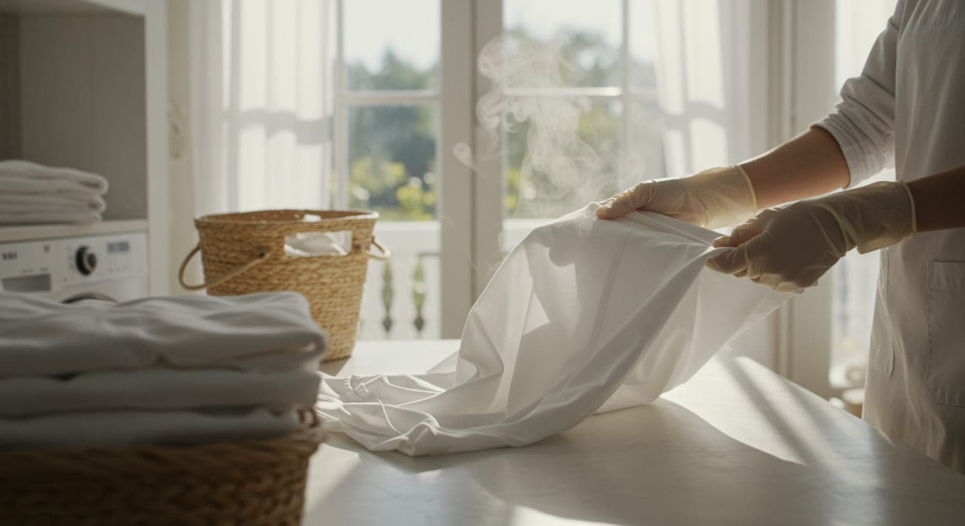 Someone folding white luxury bedsheets